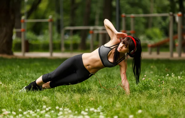 Picture music, park, brunette, workout, fitness, abs