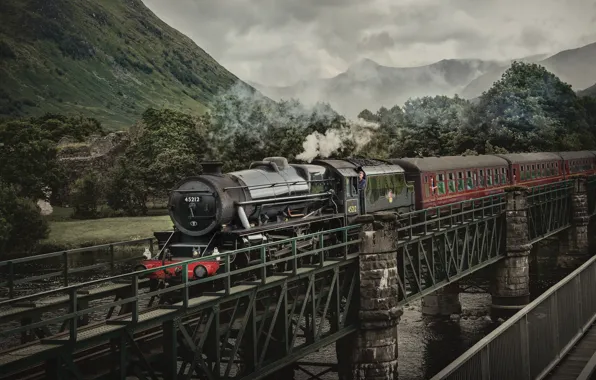 Mountains, bridge, river, overcast, hills, vegetation, smoke, train