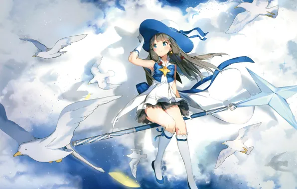 Picture the sky, clouds, flight, magic, seagulls, hat, gloves, bow