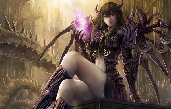 Girl, magic, wings, art, horns, demoness, sitting, takakyo