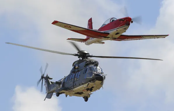 The plane, AS 332, Super Puma, training, transport helicopter, PC-7
