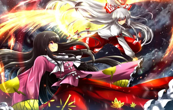 Picture girls, fire, art, battle, bows, red eyes, touhou, fujiwara no mokou