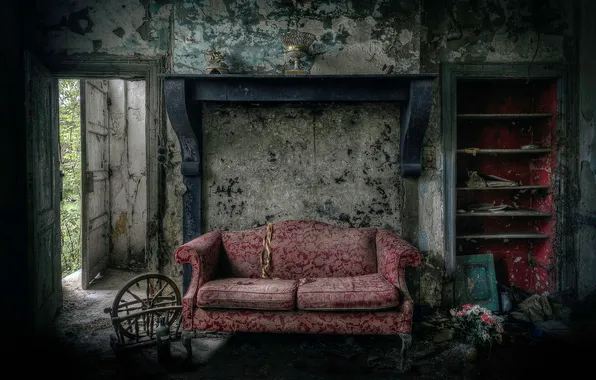 Picture flowers, sofa, the door