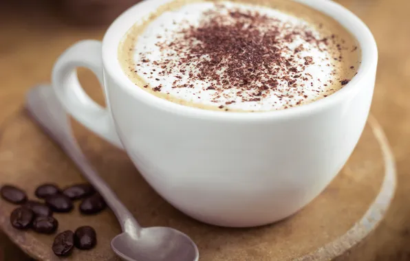 Picture chocolate, spoon, cappuccino, coffee beans