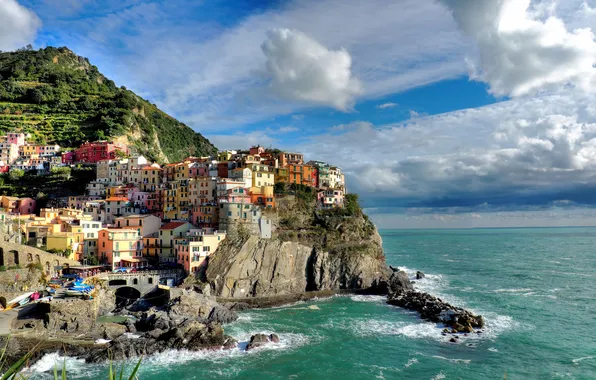 Sea, clouds, landscape, rocks, home, Italy, Manarola, Cinque Terre