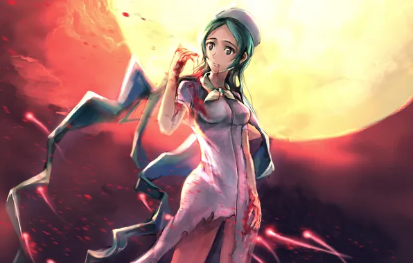 Girl, the moon, blood, nurse, green hair, Shiki, Kunihiro Ritsuko