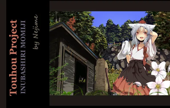 The barn, axe, ears, cap, white flowers, in the woods, white fur, Touhou Project