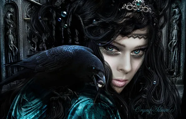 Look, girl, bird, photoshop, makeup, Raven, crow, photoart