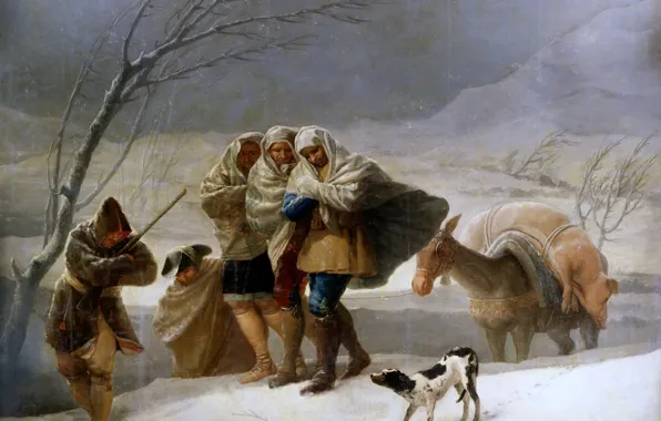 Picture animals, people, Winter, picture, travelers, genre, Francisco Goya, Blizzard