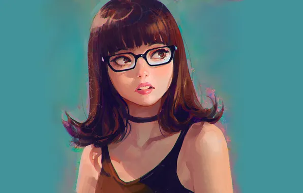 Picture face, haircut, brown hair, blue background, glasses, bangs, portrait of a girl, Ilya Kuvshinov