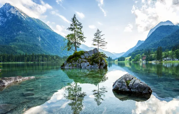 Mountains, lake, reflection, stones, Germany, Bayern, Alps, Germany
