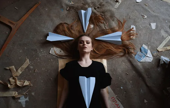 Girl, fantasy, garbage, hair, on the floor, curls, Nikita Chuntonov