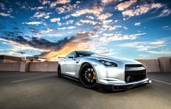 Picture roof, the sky, clouds, sunset, silver, nissan, gt-r, GT-R