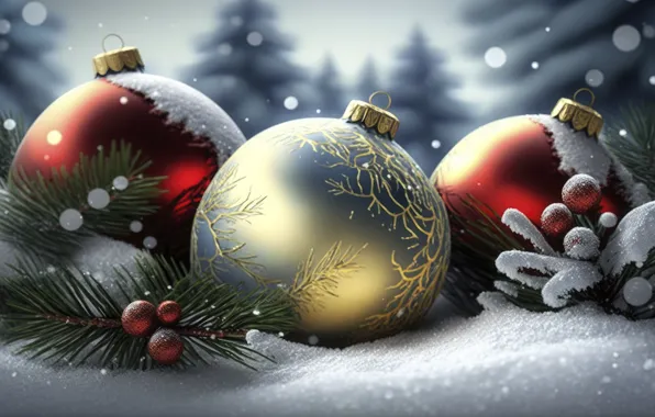Winter, forest, balls, snow, branches, green, pattern, Christmas