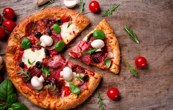 Mushrooms, cheese, pizza, tomatoes, olives, mushrooms, ham, salami