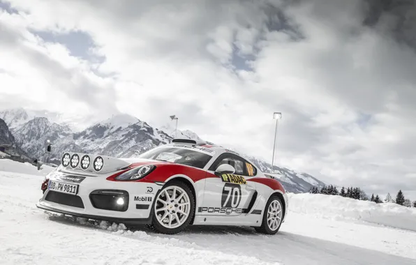 Picture machine, light, snow, mountains, lights, sports car, rally, Porsche Cayman GT4 rally