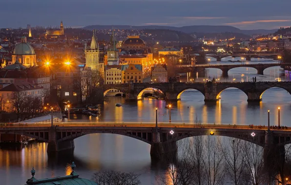 Night, lights, river, Prague, Czech Republic, bridges, Vltava