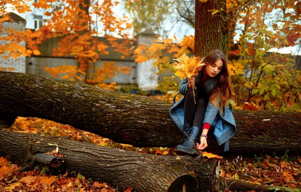 Forest, trees, nature, leaves, model, women, coat, brunette