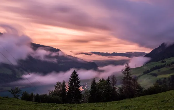 Clouds, landscape, sunset, mountains, nature, fog, Switzerland, valley