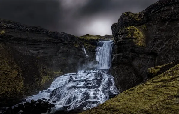 Mountains, clouds, rocks, shore, for, waterfall, stream, gloomy sky
