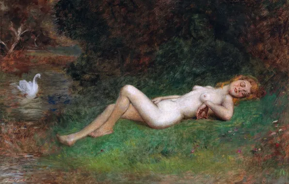 Girl, Picture, Swan, Naked, Hungarian artist, Arthur von Ferraris, Arthur Ferraris, Arthur Ferraris