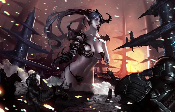 Picture girl, weapons, rocks, art, sparks, riders, goddess