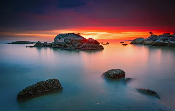Picture the sky, clouds, sunset, lake, stones, rocks, glow
