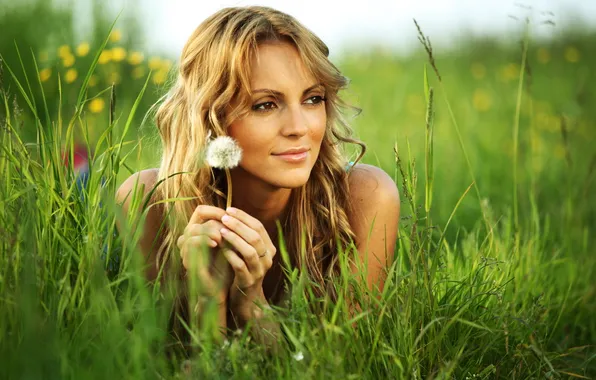 Picture grass, look, girl, nature, smile, dandelion, plants