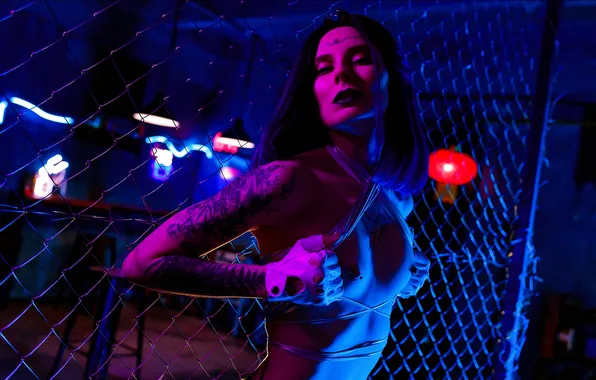 Chest, girl, light, night, lights, neon, fence, grille