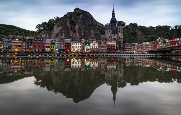 Picture reflection, river, building, mountain, home, Church, Belgium, Belgium