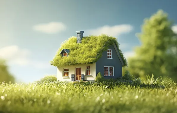 Roof, greens, field, the sky, grass, clouds, trees, house
