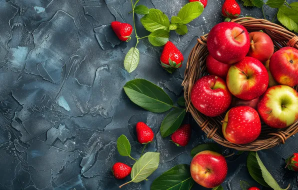 Leaves, berries, apples, strawberry, red, fruit, grey background, basket
