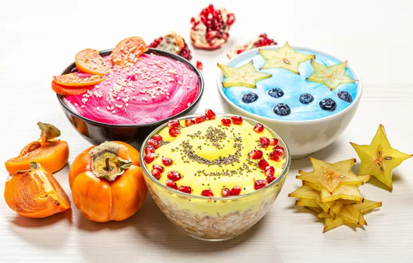 Berries, blueberries, garnet, persimmon, yogurt
