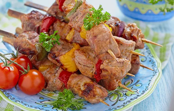 Picture meat, tomato, parsley, kebab