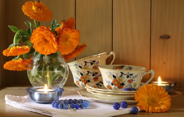 Flowers, bouquet, candles, Cup, still life, calendula