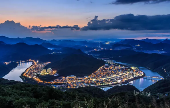 Picture the sky, clouds, bridge, the city, lights, river, home, the evening