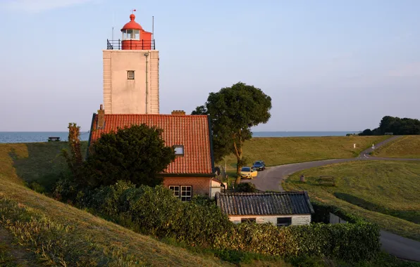 Picture road, auto, the sky, the sun, trees, lake, shore, lighthouse
