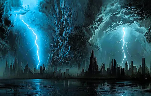 The storm, night, the city, tornado, pond, the reflection in the water, digital art, digital …