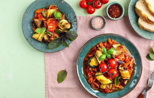 Eggplant, plates, vegetables, tomatoes