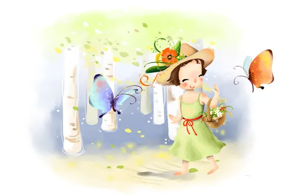 Picture flowers, smile, butterfly, figure, hat, dress, girl, basket