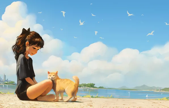 Picture beach, ponytail, cats, artwork, girl sitting on ground, Sam Yang