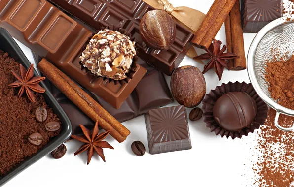 Chocolate, candy, white background, nuts, cinnamon, slices, chocolates, tiles