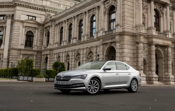 Picture the building, sedan, Skoda, Skoda, four-door, Superb, 2020, gray-silver