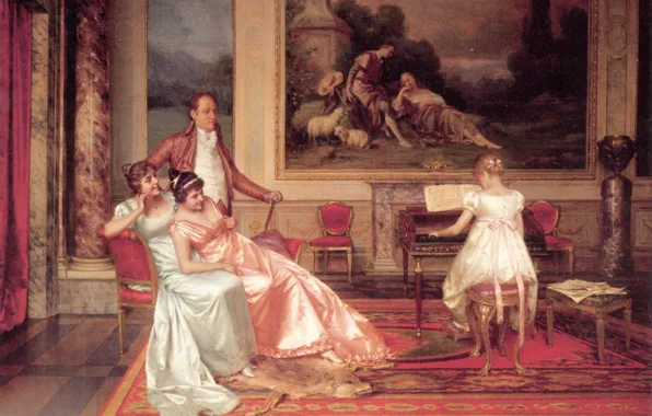 Vittorio Reggianini, cute life, The Piano Recital, elegant interior, an everyday scene of bourgeois life