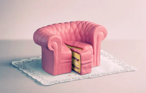 Picture sofa, pink, cake, piece, napkin, cake
