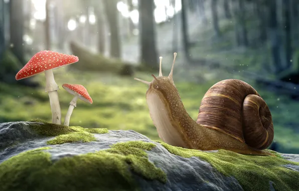 Picture mushrooms, snail, Amanita