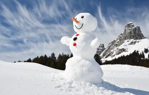 Winter, forest, snow, mountains, snowman, happy, winter, snow