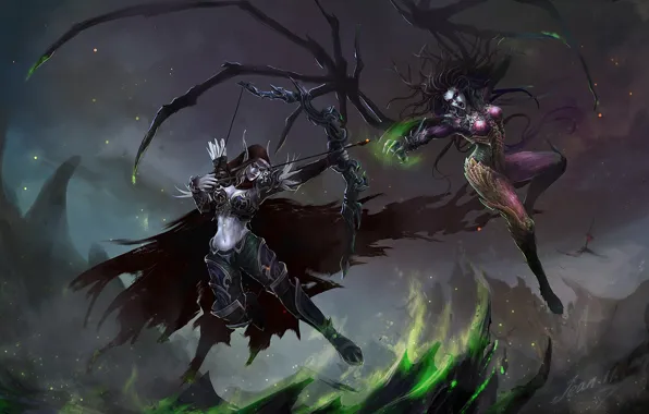 Picture weapons, girls, rocks, wings, bow, art, starcraft, World of Warcraft