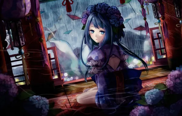 Girl, umbrella, room, rain, smoke, surprise, candles, art