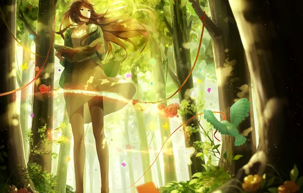 Girl, trees, flowers, nature, map, anime, art, bird